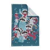 Raccoon Family Reunion V tea towel // blue turquoise background