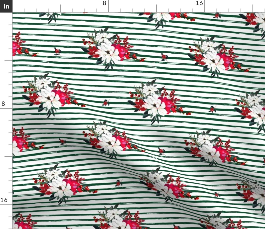 8" Red and White Christmas Flowers - Green Stripes