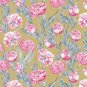 Peonies Fuchsia Blue on Gold