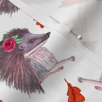 watercolor hedgehog with fall leaves and flowers // watercolor hedgehog