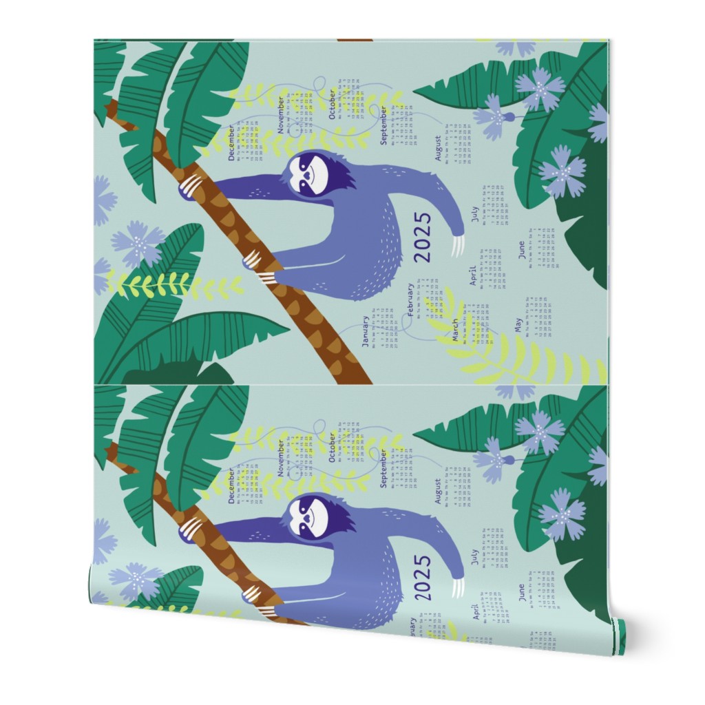 Sloth Jungle tea towel calendar 2024 (purple)