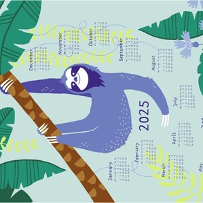 Sloth Jungle tea towel calendar 2024 (purple)