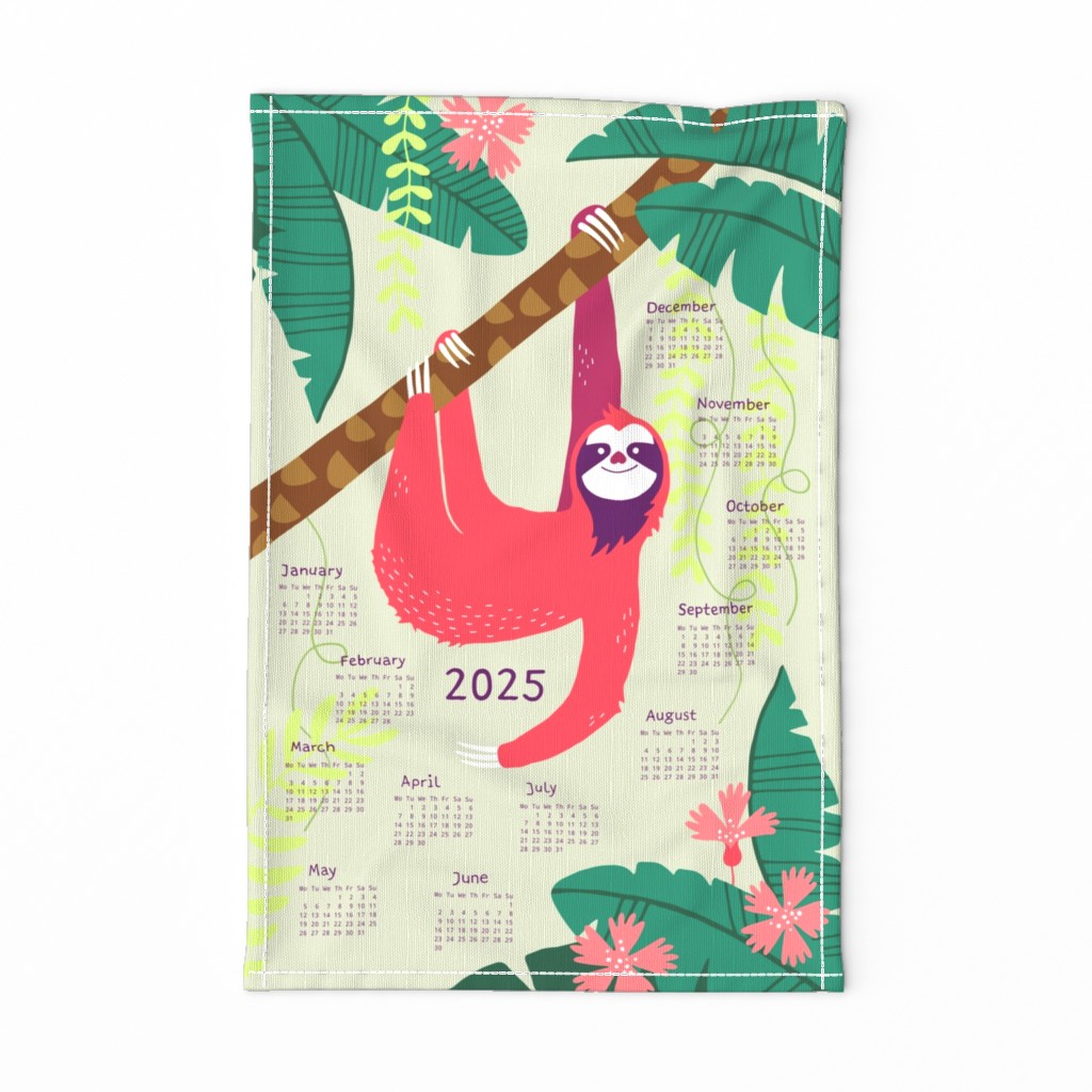 Sloth Jungle tea towel calendar 2024 (rose/pink)