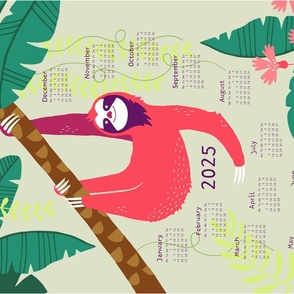 Sloth Jungle tea towel calendar 2024 (rose/pink)