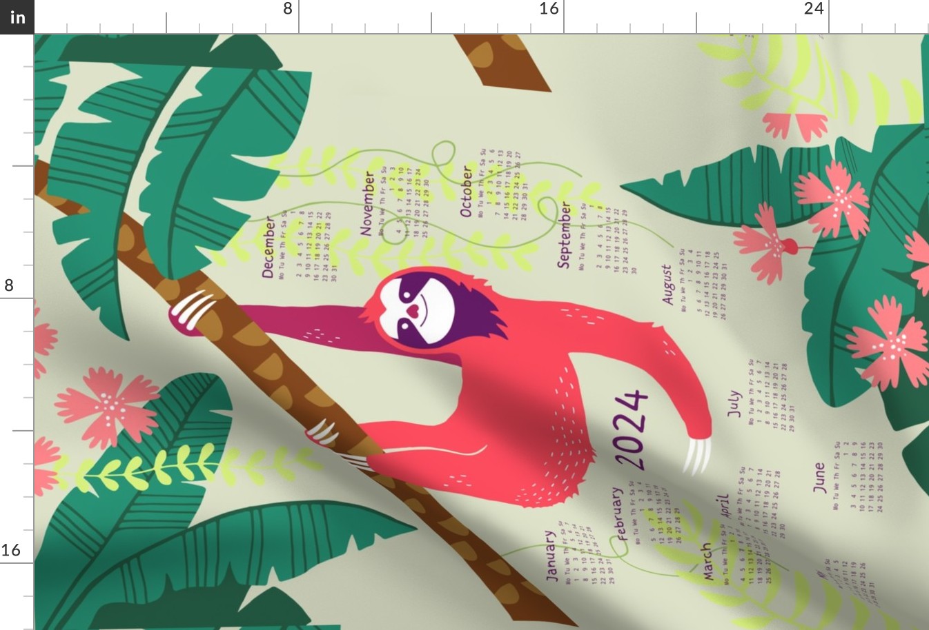 Sloth Jungle tea towel calendar 2024 (rose/pink)