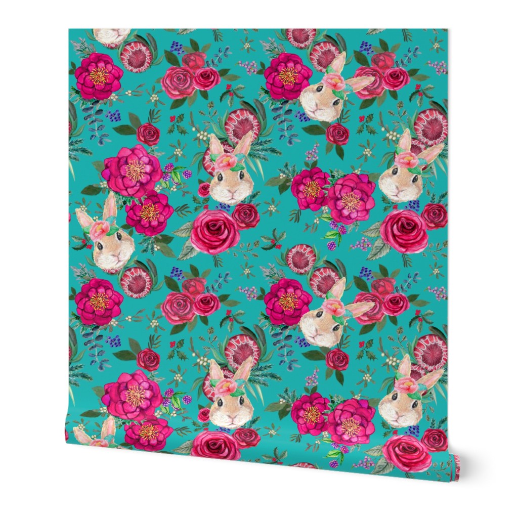 Bunny Fall Floral pink and teal watercolor