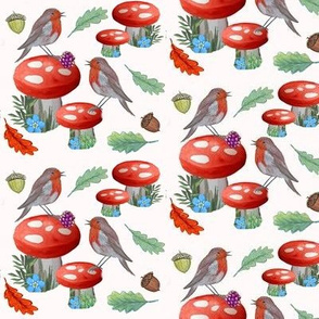 Fall holiday red mushroom, Scandinavian woodland red robins  on cream