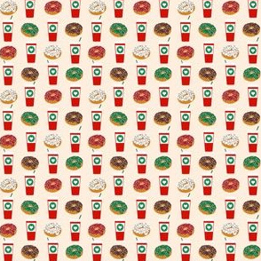 SMALL - Donuts and coffee christmas cream fabric holiday themed patterns for sewing clothing and home