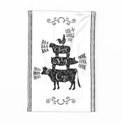 Farmhouse Animals Tea Towel ~ White Black