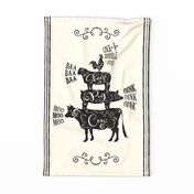 Farmhouse Animals Tea Towel ~ Cream Black