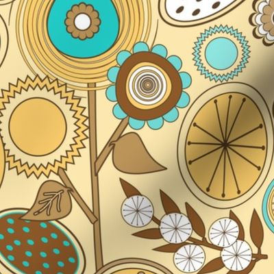 Scandinavian Mid Century Modern (MCM) Field of Flowers // Yellow, Turquoise, Brown, White // V2 // Medium Scale - 686 DPI