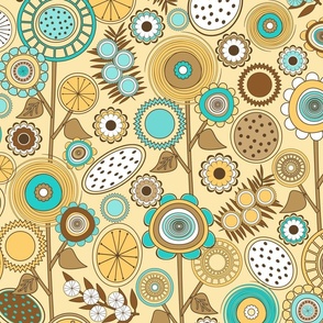 Scandinavian Mid Century Modern (MCM) Field of Flowers // Yellow, Turquoise, Brown, White // V2 // Medium Scale - 686 DPI