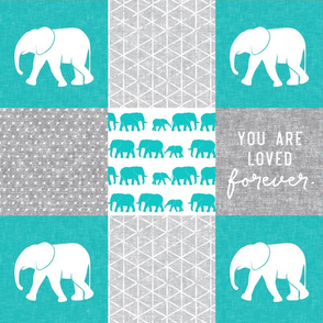 Elephant wholecloth - You are loved forever.  - teal 