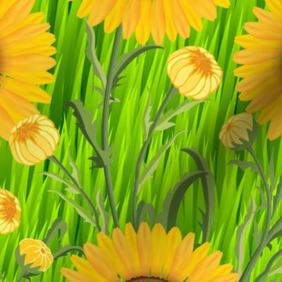 Sunflowers in Green Grass