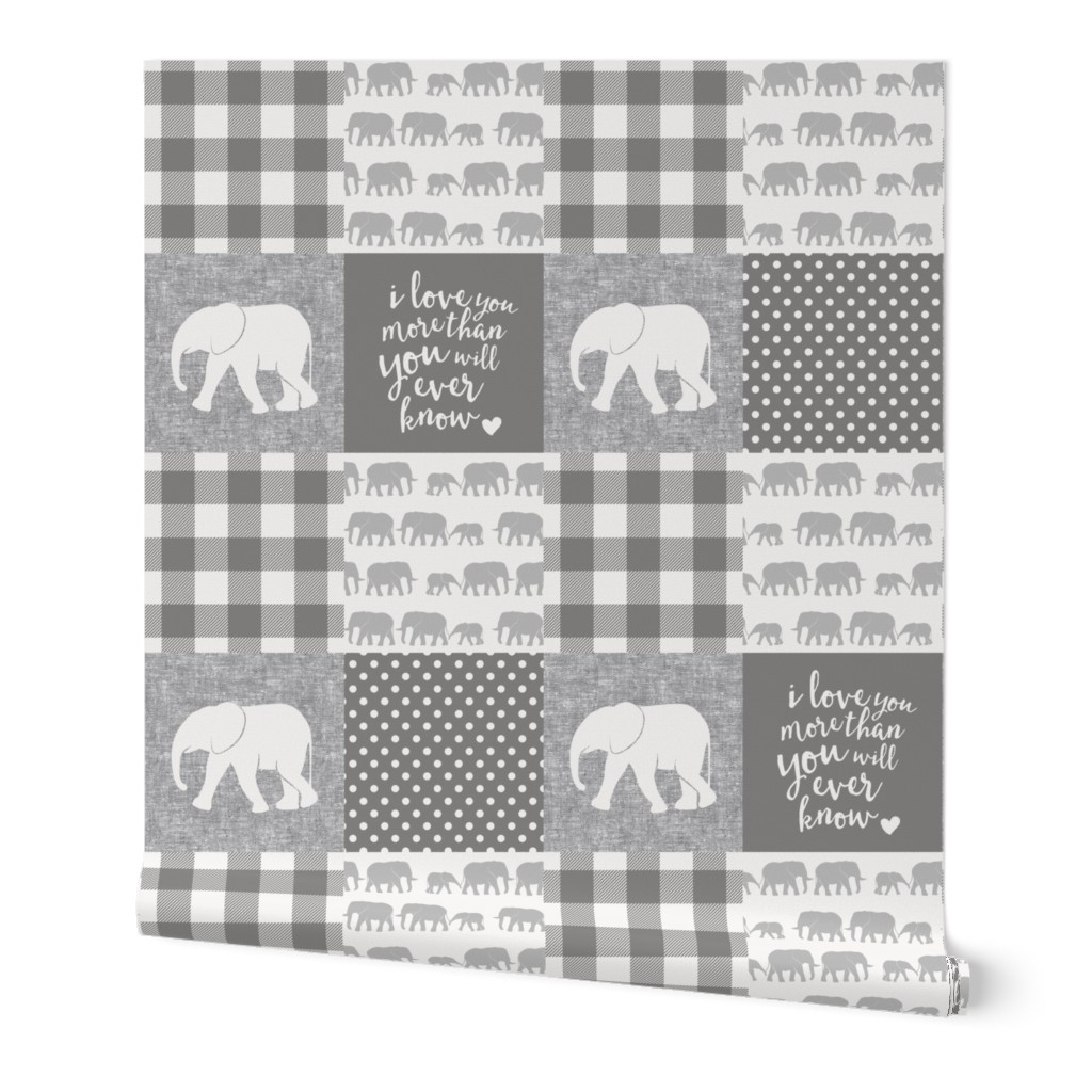 Elephant wholecloth - I love you more than you will ever know - patchwork - plaid - grey 