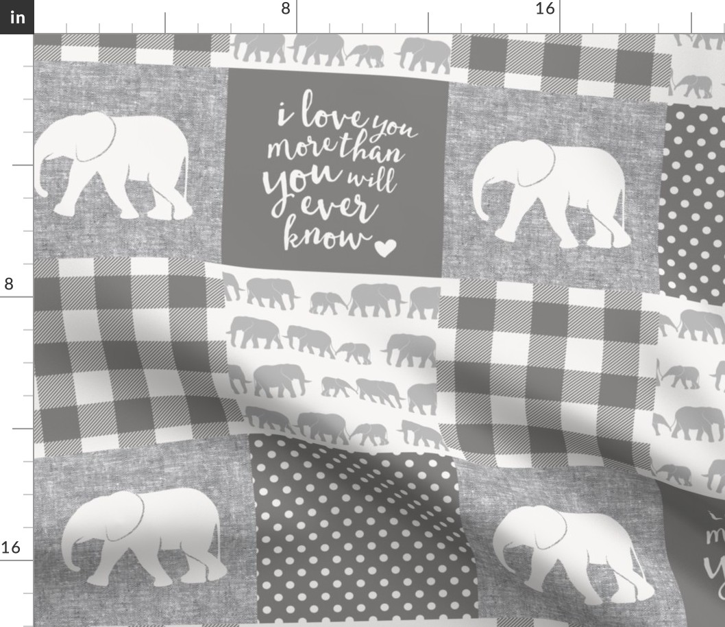 Elephant wholecloth - I love you more than you will ever know - patchwork - plaid - grey 