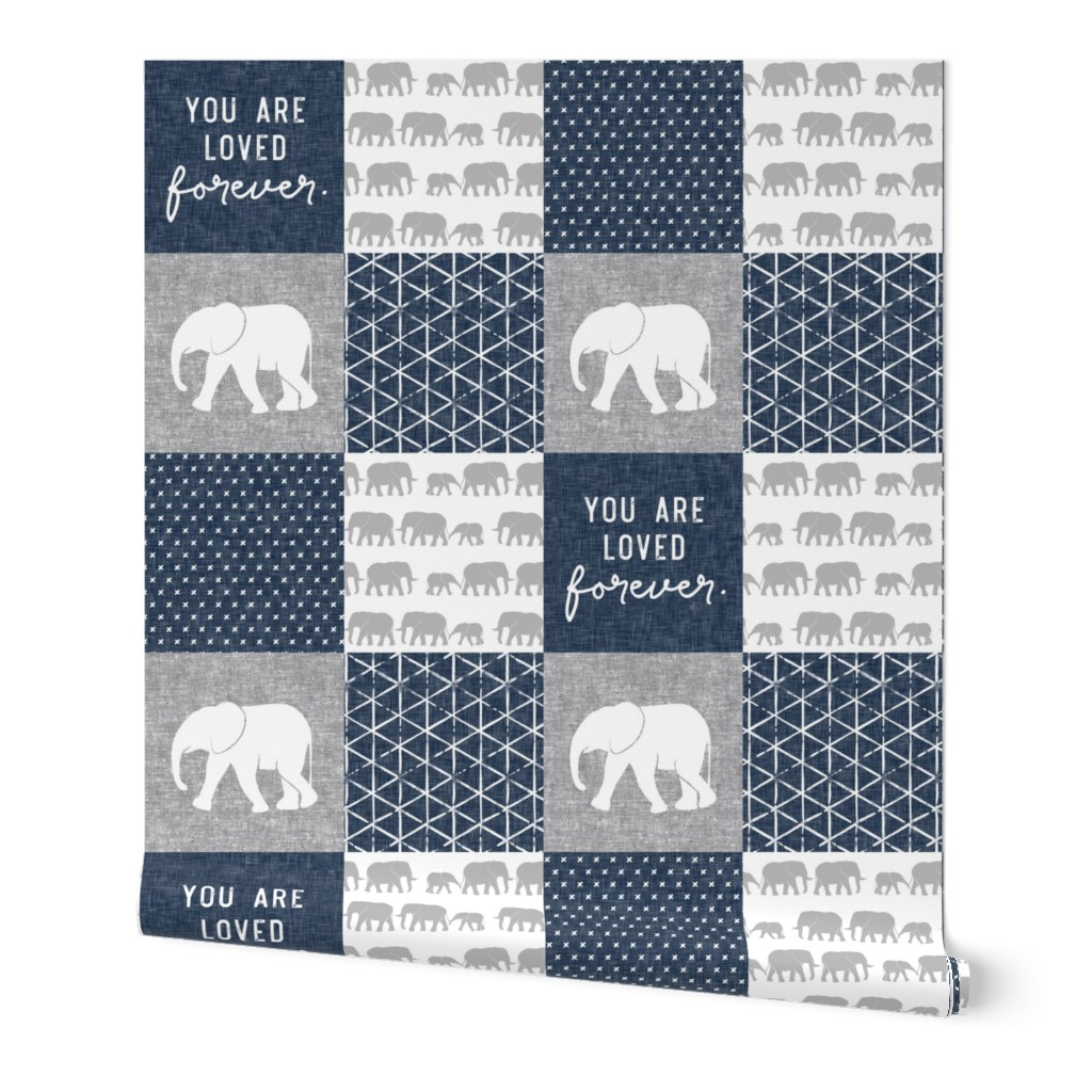 Elephant wholecloth - You are loved forever.  - navy