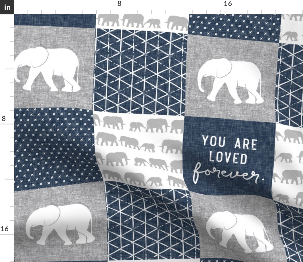 Elephant wholecloth - You are loved forever.  - navy