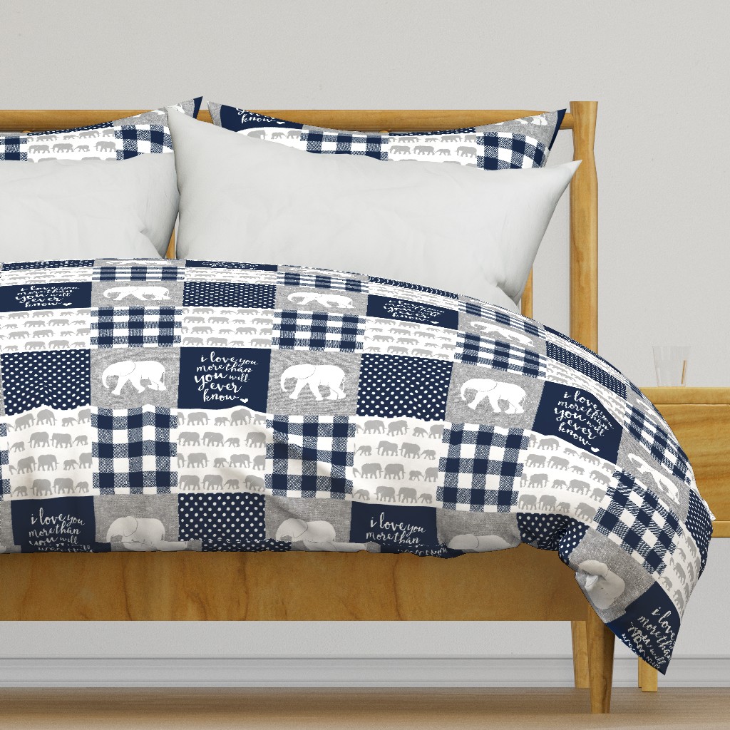 Elephant wholecloth - I love you more than you will ever know - patchwork - plaid -  navy