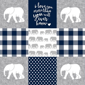 Elephant wholecloth - I love you more than you will ever know - patchwork - plaid -  navy