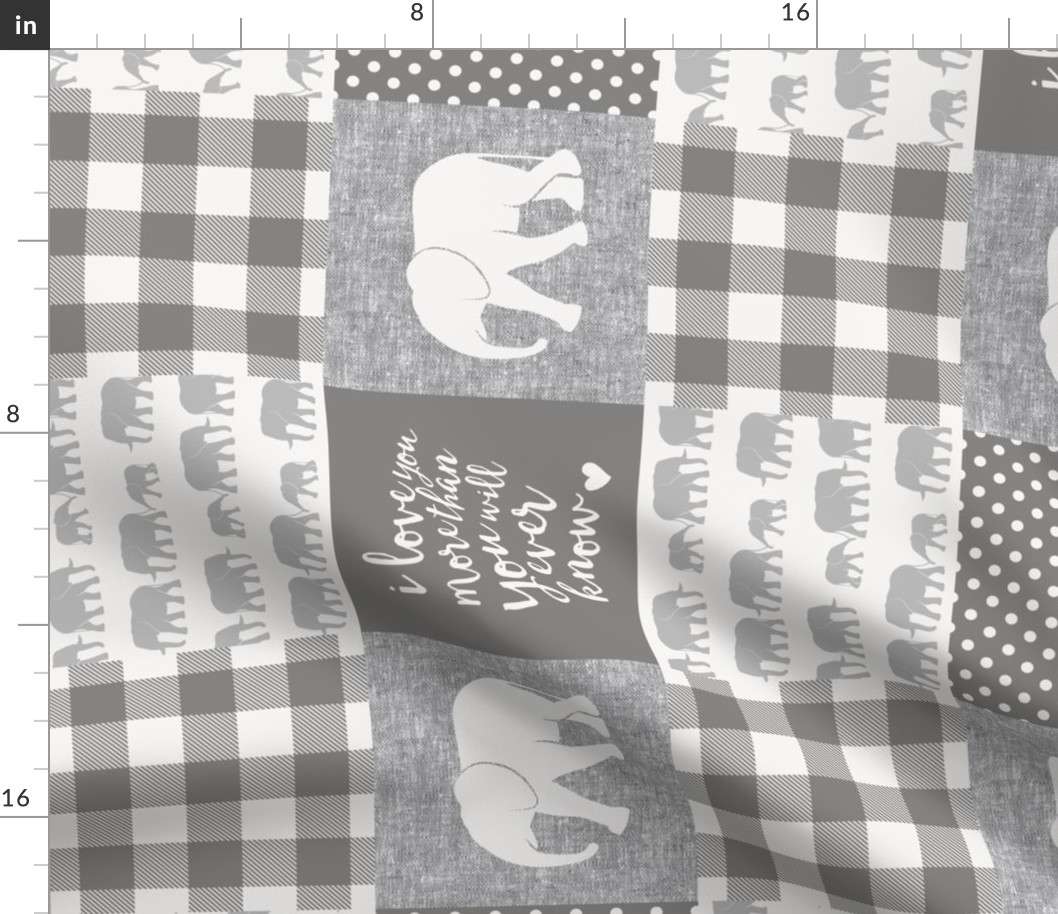 Elephant wholecloth - I love you more than you will ever know - patchwork - plaid - grey  (90)