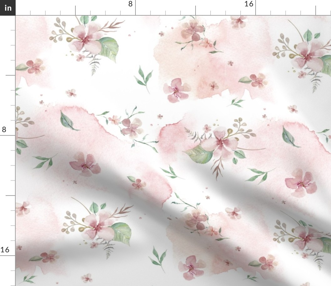 13” dainty pink and green floral with watercolor background