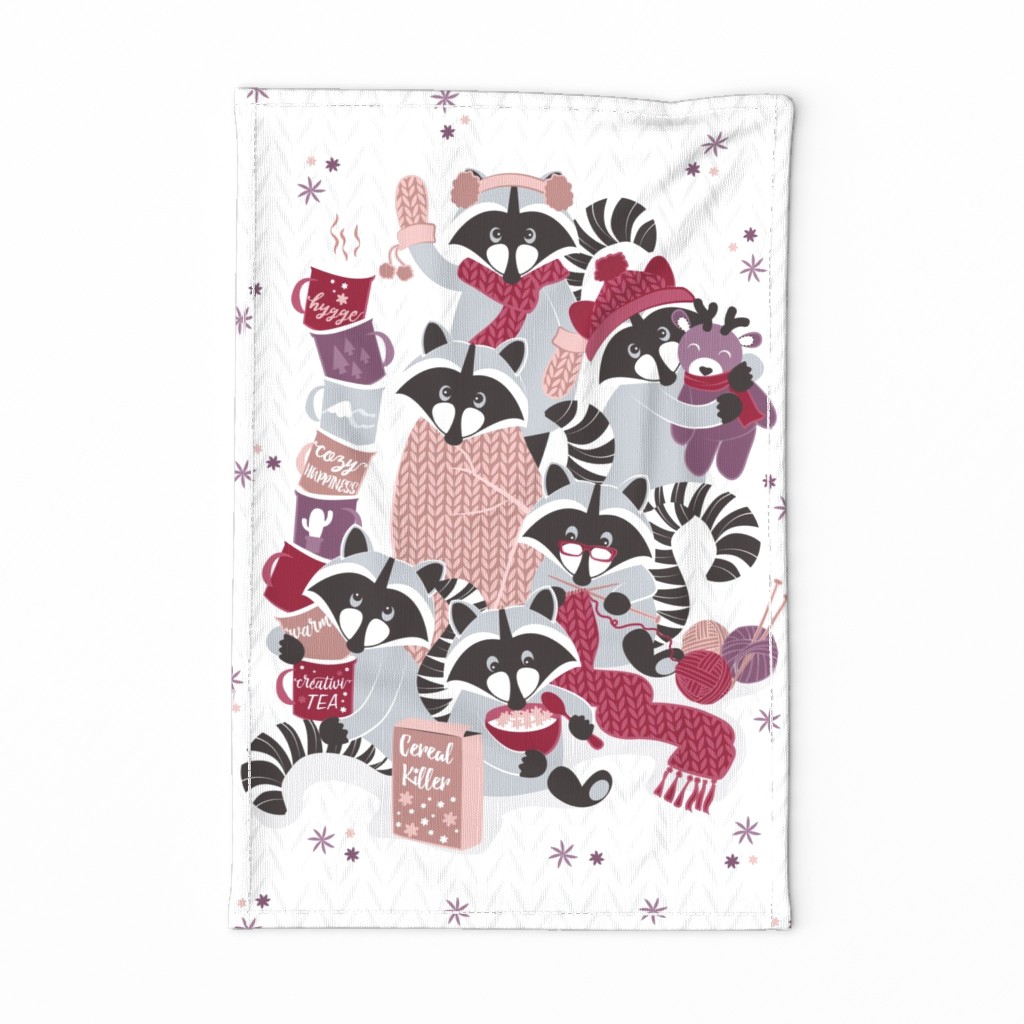 Raccoon Family Reunion II tea towel // white background