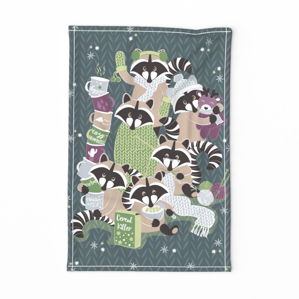 Raccoon Family Reunion VII tea towel // green background