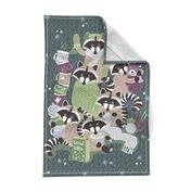 Raccoon Family Reunion VII tea towel // green background