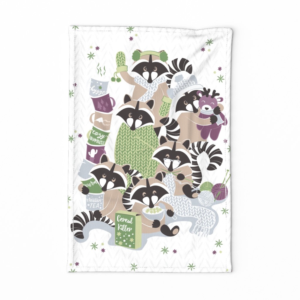 Raccoon Family Reunion VIII tea towel // white background