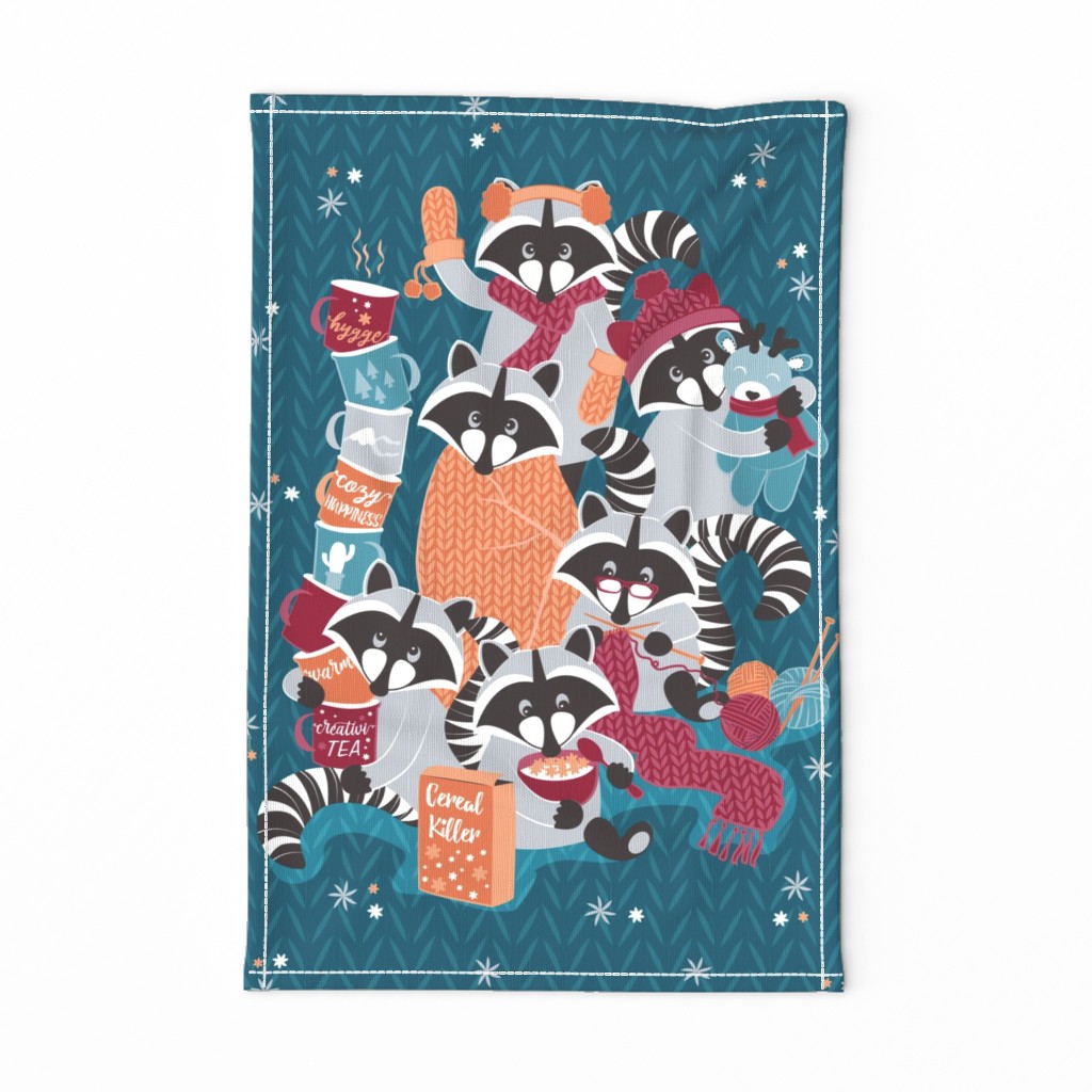 Raccoon Family Reunion III tea towel  // turquoise background