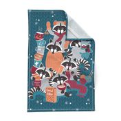 Raccoon Family Reunion III tea towel  // turquoise background