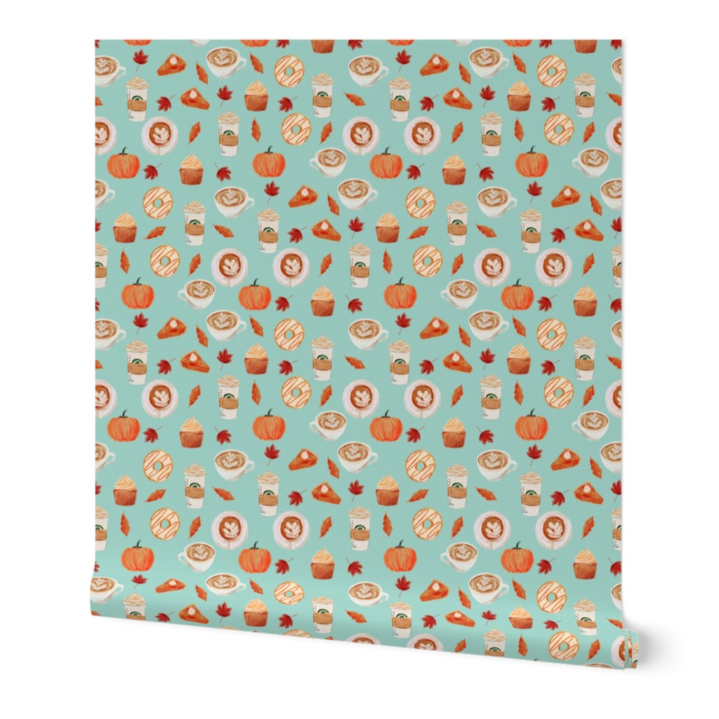 MINI - watercolor psl - pumpkin spice latte, coffee, latte, pumpkin, fall, autumn fabric - mint