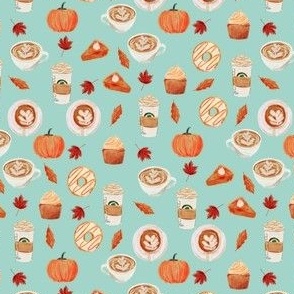 MINI - watercolor psl - pumpkin spice latte, coffee, latte, pumpkin, fall, autumn fabric - mint