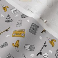SMALL - skateboard and pizza fabric // 90s 80s retro kids design by andrea lauren - mustard and grey