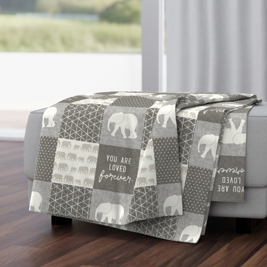 Elephant wholecloth - You are loved forever.  - cream and beige 