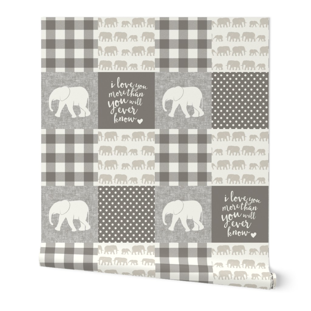 Elephant wholecloth - I love you more than you will ever know - patchwork - plaid -  beige & cream