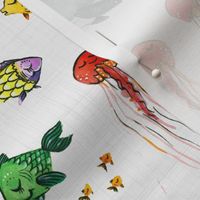 Ocean Pals - Medium Scale - Watercolour Ocean Creatures on Light Linen