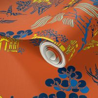 chinoiserie villages 2 gold,blue on red