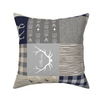 Moose Little One Quilt - Navy, grey and tan - rotated