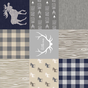 Moose Little One Quilt - Navy, grey and tan - rotated