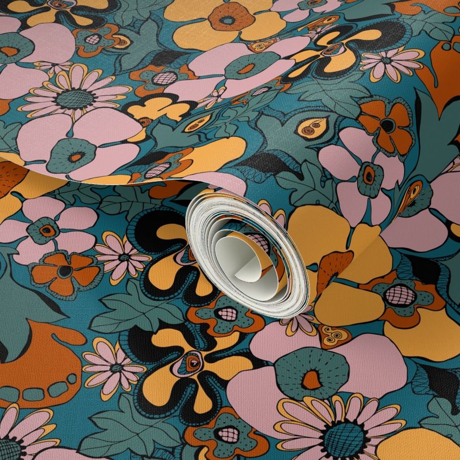 Floral Doodles in Limited Color Palette Wallpaper | Spoonflower