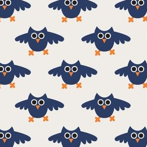 Flying owls in navy blue