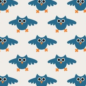 Flying owls in petrol blue