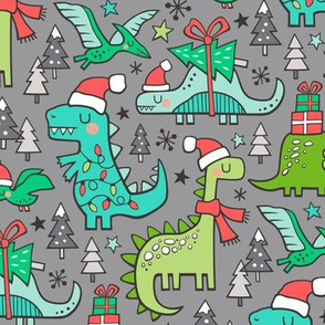 Christmas Holidays Dinosaurs & Trees on Grey