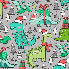 Christmas Holidays Dinosaurs & Trees on Light Grey