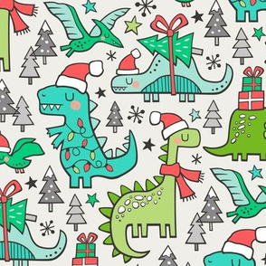 Christmas Holidays Dinosaurs & Trees on Cloud Grey
