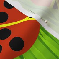 Lady Bugs and Daisies on Green Grass