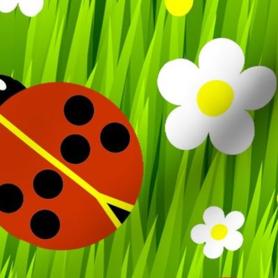 Lady Bugs and Daisies on Green Grass