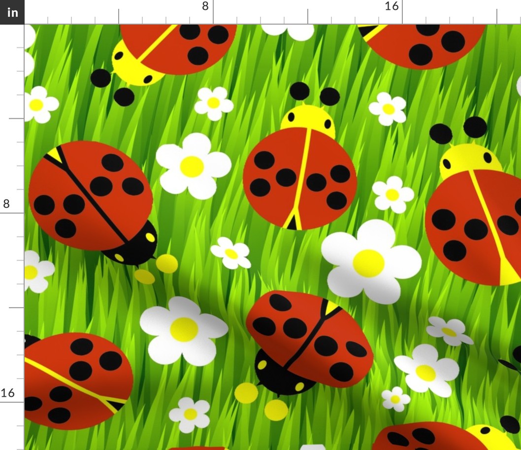 Lady Bugs and Daisies on Green Grass